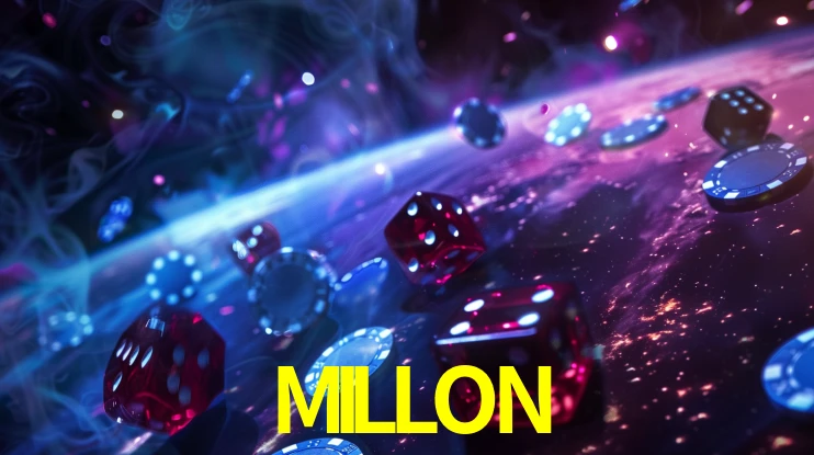 Una escena digital vívida inspirada en casino con MILLON mostrado prominentemente, luces brillantes, fichas, cartas y acentos dorados.