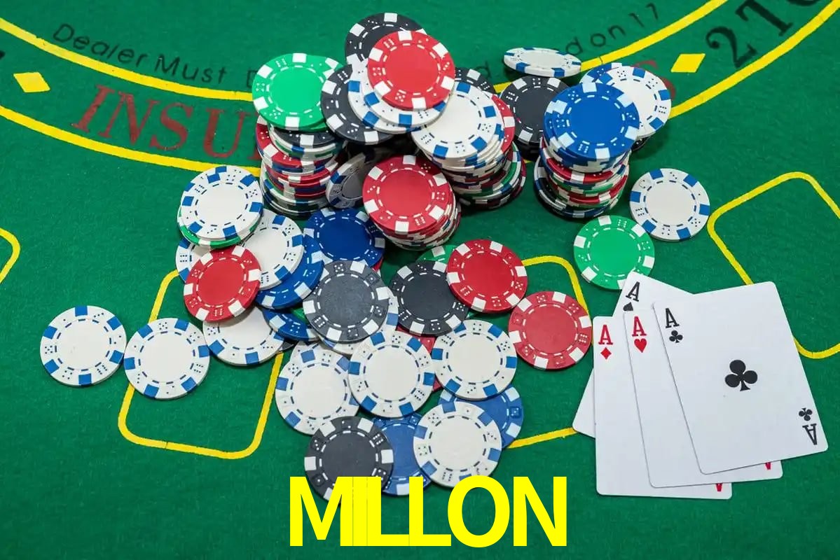 Escena dinámica inspirada en casino con iluminación MILLON, cartas, fichas e íconos de juegos digitales en un espacio moderno de juegos.